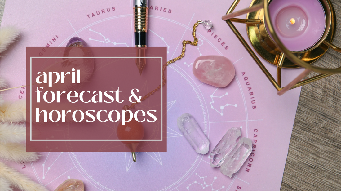 astrology forecast and horoscopes for april 2025. This is a blog title image with astrology chart, pen, pendulum and candle.